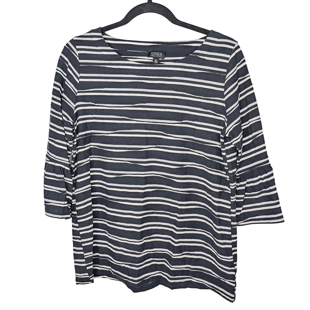 Jones New York Top Womens Medium Navy White Striped Bell Sleeve Knit Shirt